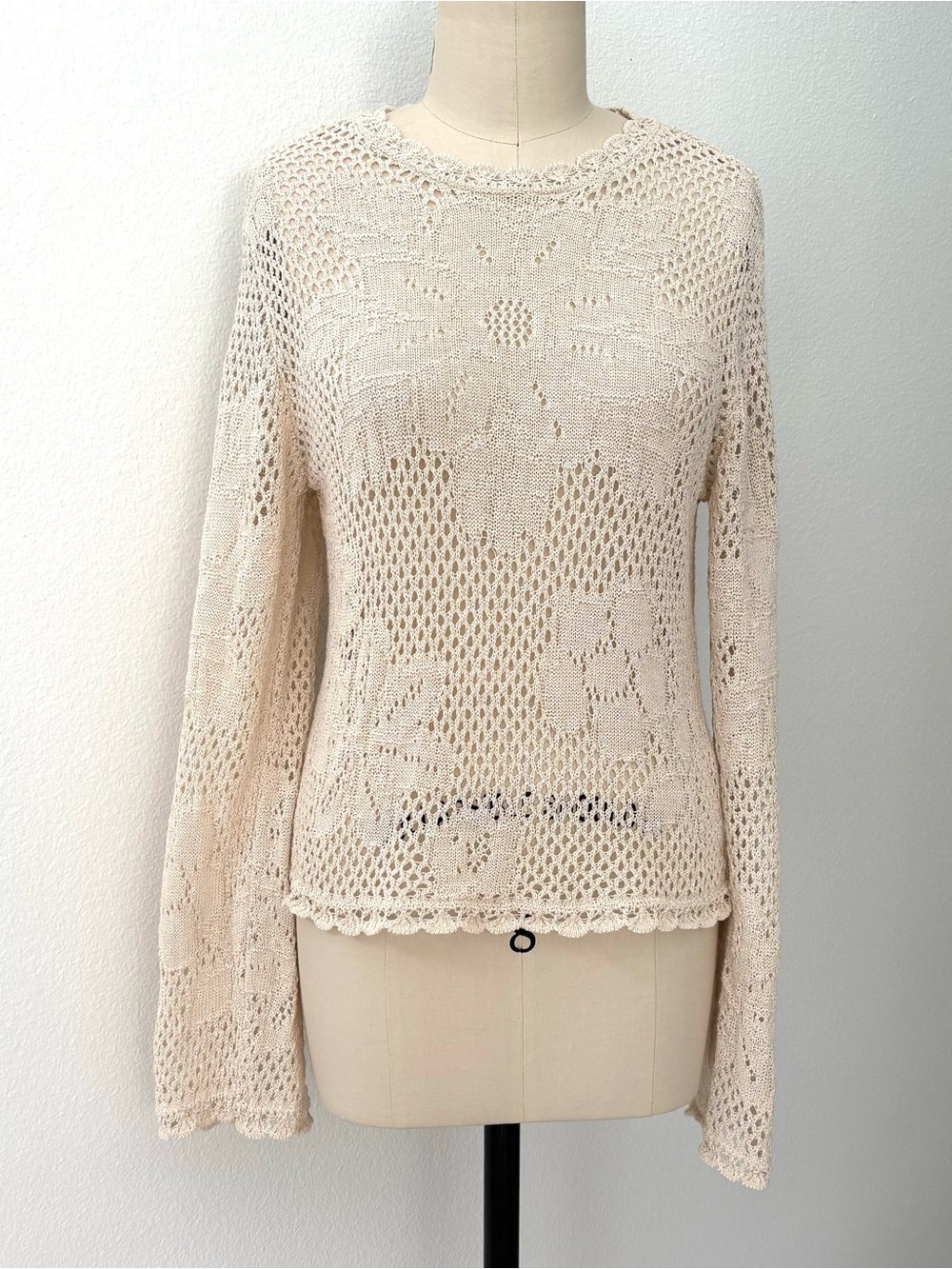 Zara Combined Floral Crochet Open Knit Mesh Sweater NWT Ecru Cream L
